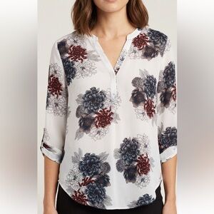 Daniel Rainn White Chiffon Blouse with Blue and Wine Floral Print